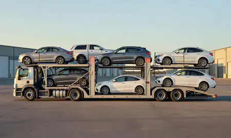 Car transporter parked in an industrial area of Knik-Fairview, Alaska, United States