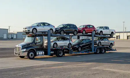 Car transporter loaded with vehicles in Knik-Fairview, Alaska, United States