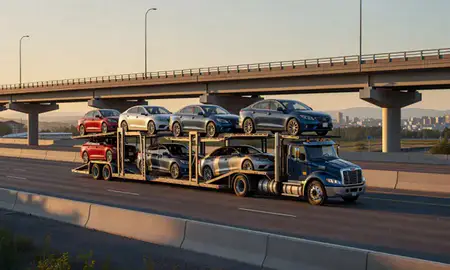 Car transporter with the Knik-Fairview, Alaska, United States skyline behind it