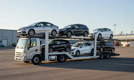 Car transporter loaded with vehicles in Kodiak, Alaska, United States