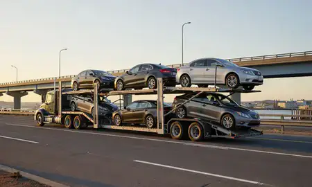 Car transporter with the Kodiak, Alaska, United States skyline behind it