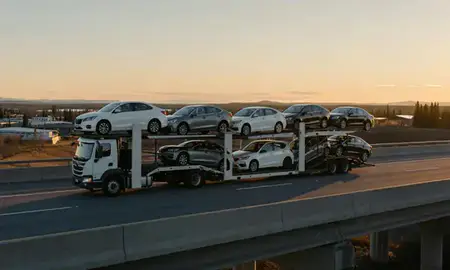 Car transporter with the Meadow Lakes, Alaska, United States skyline behind it