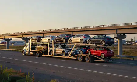 Car transporter with the Nikiski, Alaska, United States skyline behind it