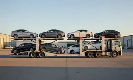 Car transporter parked in an industrial area of North Lakes, Alaska, United States