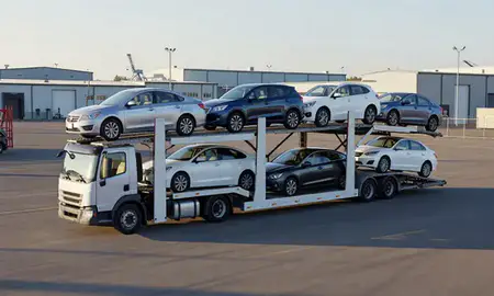 Car transporter loaded with vehicles in North Lakes, Alaska, United States