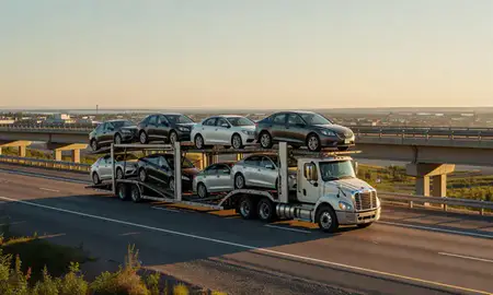 Car transporter with the North Lakes, Alaska, United States skyline behind it