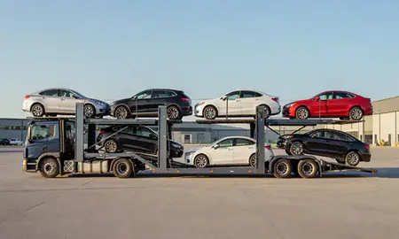 Car transporter parked in an industrial area of Palmer, Alaska, United States