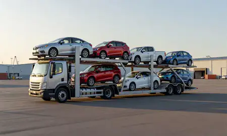 Car transporter loaded with vehicles in Palmer, Alaska, United States