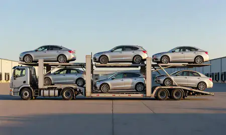 Car transporter parked in an industrial area of Sitka, Alaska, United States