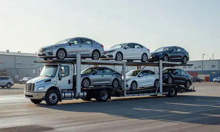 Car transporter loaded with vehicles in Sitka, Alaska, United States