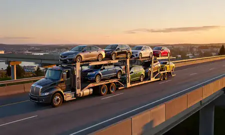Car transporter with the Sitka, Alaska, United States skyline behind it