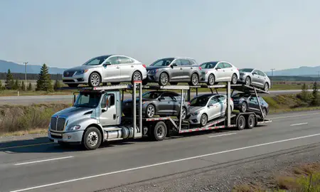 Multi-level car carrier on the highway to Soldotna, Alaska, United States