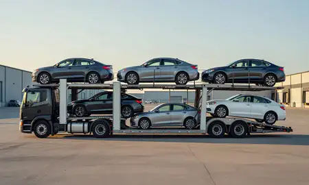 Car transporter parked in an industrial area of Soldotna, Alaska, United States