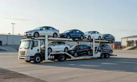 Car transporter loaded with vehicles in Soldotna, Alaska, United States