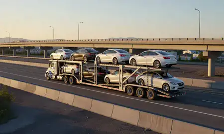 Car transporter with the Soldotna, Alaska, United States skyline behind it