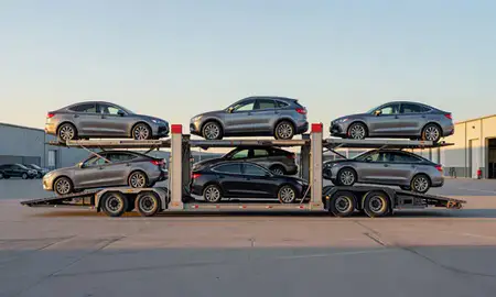 Car transporter parked in an industrial area of South Lakes, Alaska, United States