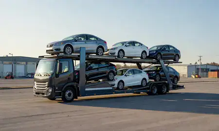 Car transporter loaded with vehicles in South Lakes, Alaska, United States