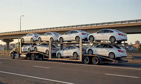 Car transporter with the South Lakes, Alaska, United States skyline behind it