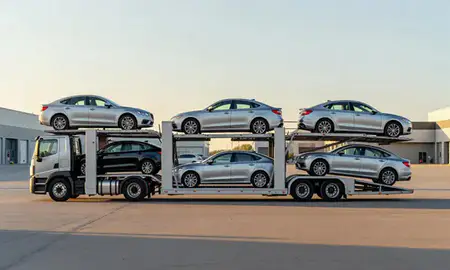 Car transporter parked in an industrial area of Steele Creek, Alaska, United States