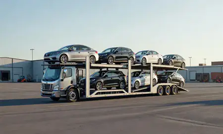 Car transporter loaded with vehicles in Steele Creek, Alaska, United States
