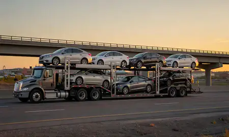 Car transporter with the Steele Creek, Alaska, United States skyline behind it