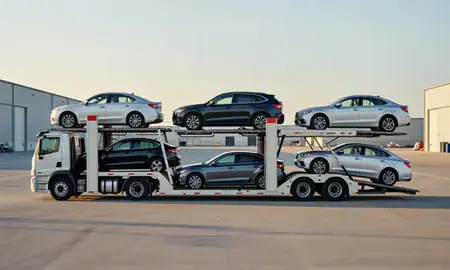 Car transporter parked in an industrial area of Sterling, Alaska, United States