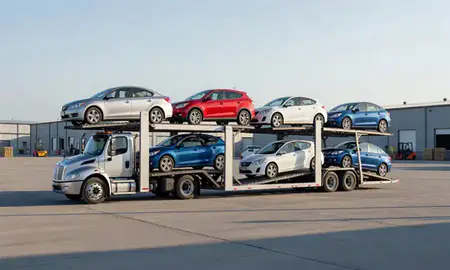Car transporter loaded with vehicles in Sterling, Alaska, United States
