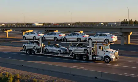 Car transporter with the Sterling, Alaska, United States skyline behind it