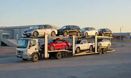 Car transporter loaded with vehicles in Tanaina, Alaska, United States