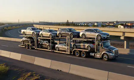 Car transporter with the Tanaina, Alaska, United States skyline behind it