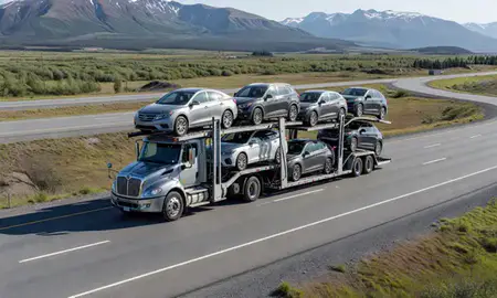 Multi-level car carrier on the highway to Unalaska, Alaska, United States