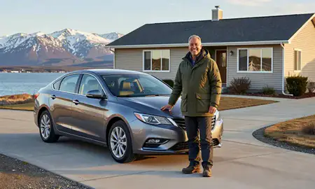 Customer with their delivered car in Unalaska, Alaska, United States