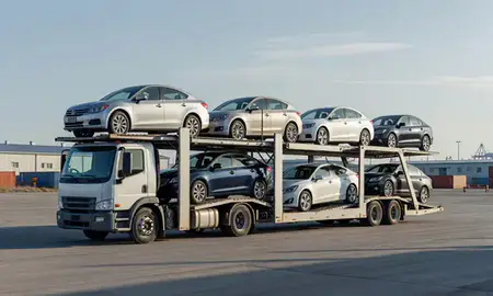 Car transporter loaded with vehicles in Unalaska, Alaska, United States
