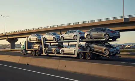 Car transporter with the Unalaska, Alaska, United States skyline behind it