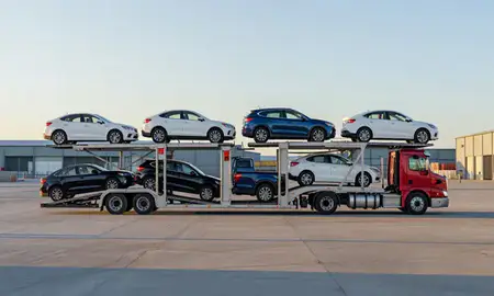 Car transporter parked in an industrial area of Utqiagvik, Alaska, United States