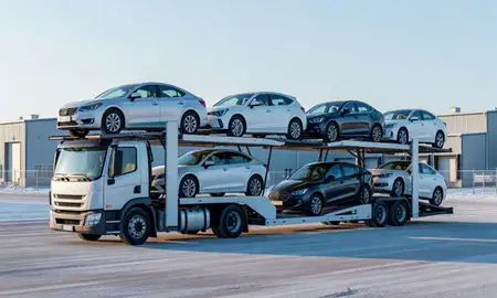 Car transporter loaded with vehicles in Utqiagvik, Alaska, United States