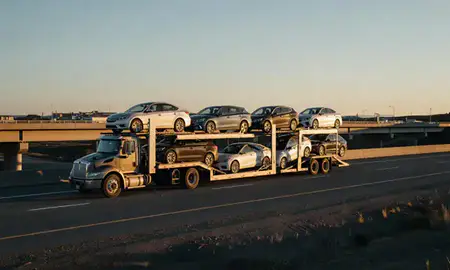 Car transporter with the Utqiagvik, Alaska, United States skyline behind it