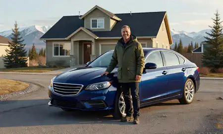 Customer with their delivered car in Valdez, Alaska, United States