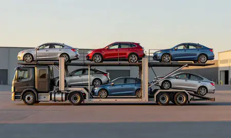 Car transporter parked in an industrial area of Valdez, Alaska, United States