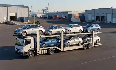 Car transporter loaded with vehicles in Valdez, Alaska, United States