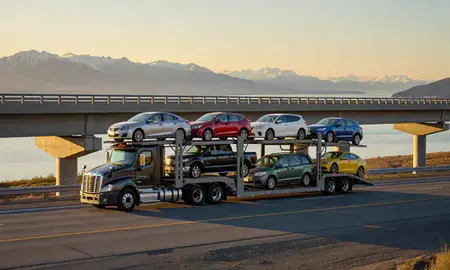 Car transporter with the Valdez, Alaska, United States skyline behind it