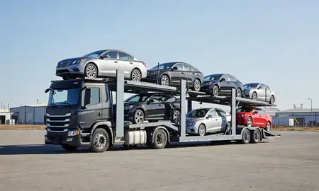 Car transporter loaded with vehicles in Wasilla, Alaska, United States