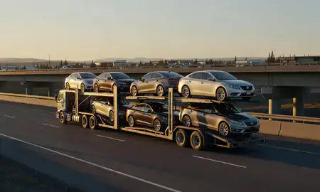 Car transporter with the Wasilla, Alaska, United States skyline behind it