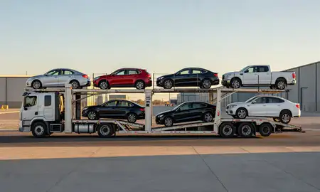 Car transporter parked in an industrial area of Arizona, United States