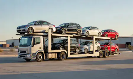 Car transporter loaded with vehicles in Arizona, United States