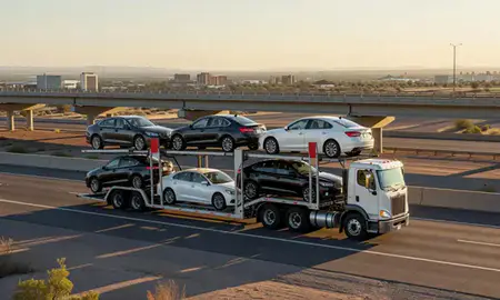 Car transporter with the Arizona, United States skyline behind it