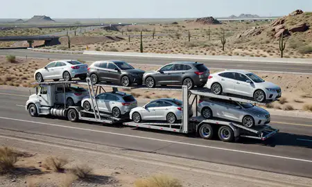 Multi-level car carrier on the highway to Apache Junction, Arizona, United States