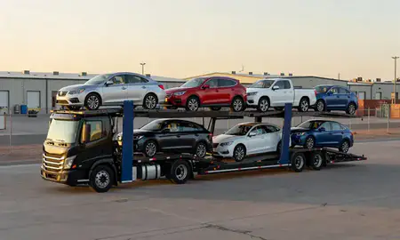 Car transporter loaded with vehicles in Apache Junction, Arizona, United States