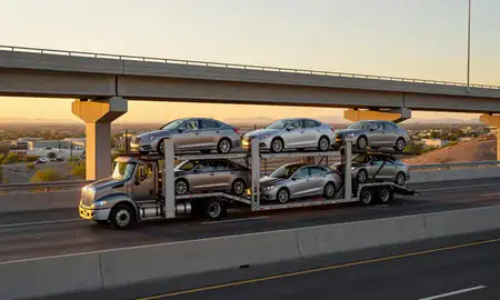 Car transporter with the Apache Junction, Arizona, United States skyline behind it