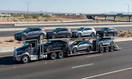 Multi-level car carrier on the highway to Avondale, Arizona, United States